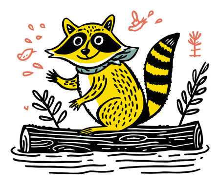This vibrant illustration showcases a playful yellow raccoon waving cheerfully on a log amidst nature, embodying modern artistic expression with charming details.のイラスト素材