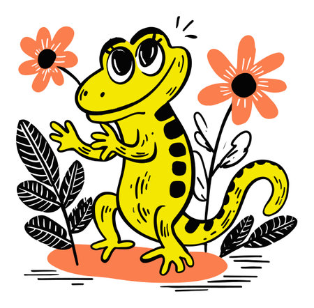 This is a charming hand-drawn illustration featuring a playful yellow gecko surrounded by vibrant flowers, showcasing a modern artistic style full of color and whimsy.のイラスト素材