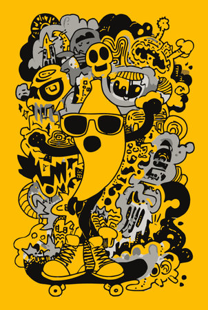 This vibrant illustration features a cool banana character in sunglasses, skateboarding against a lively backdrop. Perfect for playful designs!のイラスト素材