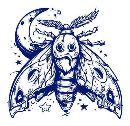This detailed hand-drawn illustration features a stylized moth surrounded by stars and a moon, showcasing modern artistic elements and intricate design.のイラスト素材