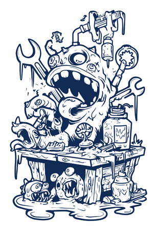 This hand-drawn illustration features a quirky monster in a workshop, surrounded by tools and playful elements. A unique blend of horror and humor.のイラスト素材