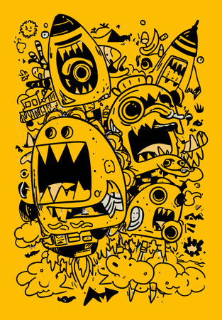 This modern hand-drawn vector illustration features colorful cartoon monsters with playful expressions. Perfect for creative projects or playful designs.のイラスト素材