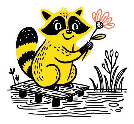 This colorful hand-drawn raccoon character sits on a dock by water, holding a delicate flower. Its playful expression and vibrant design create a whimsical and cheerful atmosphere.のイラスト素材