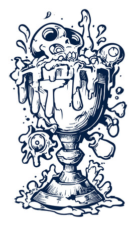 Explore a modern hand-drawn illustration featuring a goblet filled with a skull and splashes of liquid. Ideal for creative projects and themes.のイラスト素材