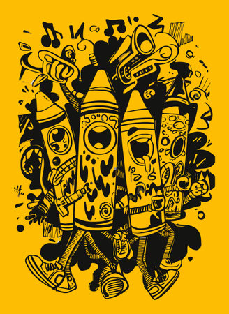 Discover a vibrant, hand-drawn illustration featuring playful crayons with whimsical expressions, ideal for childrens themes, education, and creative projects.のイラスト素材