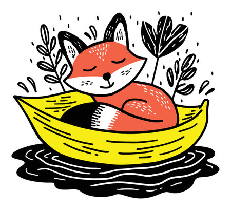 This charming illustration features a cozy fox resting in a yellow boat, surrounded by leaves in a whimsical modern art style that evokes peace and creativity.のイラスト素材