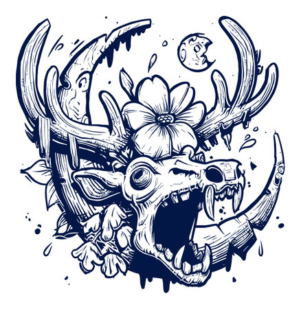 This hand-drawn modern illustration features a striking animal skull adorned with floral motifs. The detailed design showcases a blend of nature and artistry, perfect for various creative projects.のイラスト素材