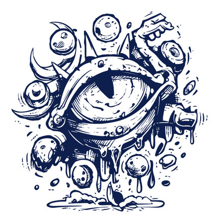 This modern hand-drawn illustration features a captivating eye surrounded by abstract elements, blending unique shapes and textures to create an intriguing visual experience.のイラスト素材