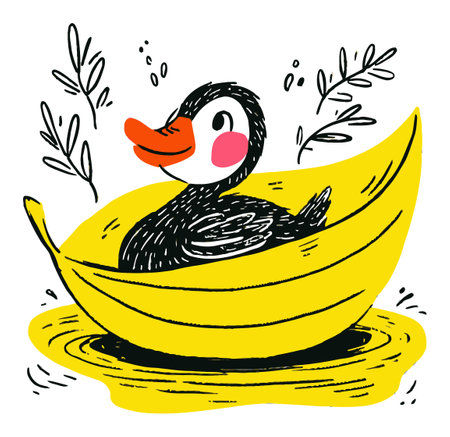 This charming hand-drawn illustration features a playful duck in a bright yellow boat, surrounded by whimsical leaves in a cheerful water scene. Perfect for children's art.のイラスト素材