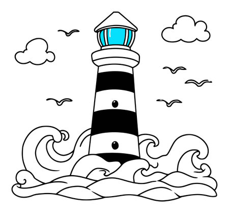 This hand-drawn illustration features a modern lighthouse amidst swirling waves and fluffy clouds, evoking a sense of peace and coastal beauty.のイラスト素材