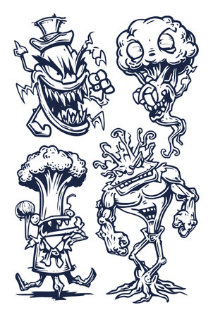 Explore four unique hand-drawn illustrations featuring quirky cartoon characters with vibrant designs and expressive features, perfect for creative projects.のイラスト素材