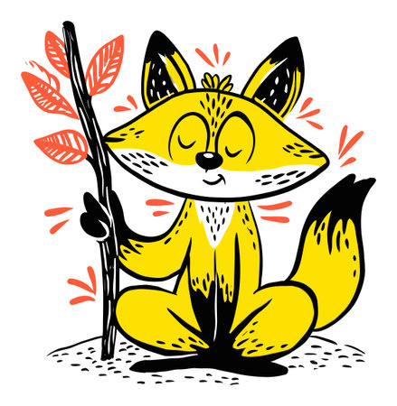 A vibrant and playful hand-drawn illustration of a cheerful fox sitting with a branch and leaf, capturing a whimsical and modern artistic style.のイラスト素材