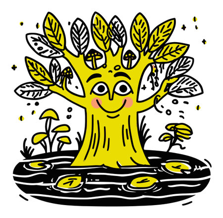 A lively and cheerful hand-drawn tree illustration with smiling features, vibrant yellow color, and playful details. Perfect for modern art lovers!のイラスト素材