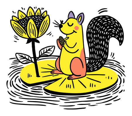 A vibrant and whimsical illustration featuring a cheerful squirrel on a yellow lily pad, enjoying a snack in a serene pond setting, radiating positivity and charm.のイラスト素材