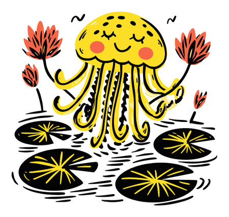 Bright and cheerful illustration of a yellow jellyfish floating among colorful lily pads, showcasing a whimsical and modern art style that evokes joy.のイラスト素材