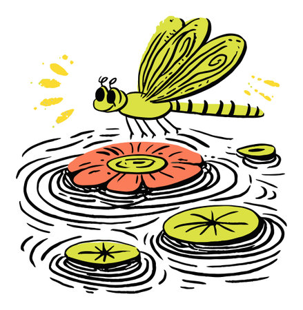 Discover a vibrant hand-drawn illustration featuring a dragonfly perched over a flowered pond, showcasing modern artistic flair and playful design elements.のイラスト素材