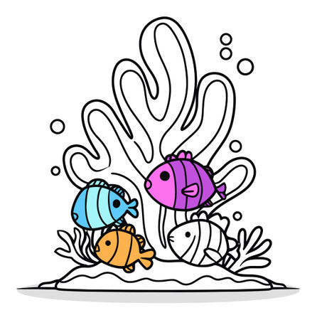 A playful and vibrant hand-drawn illustration of colorful fish swimming around coral, surrounded by bubbles, embodying modern artistic style for decoration.のイラスト素材