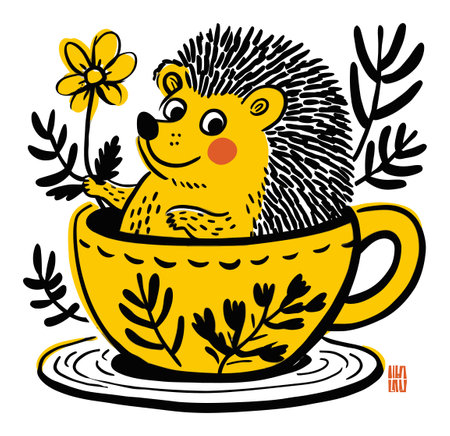 This charming hand-drawn illustration features a playful hedgehog in a yellow cup, joyfully holding a flower. Ideal for modern decor or children's themes.のイラスト素材