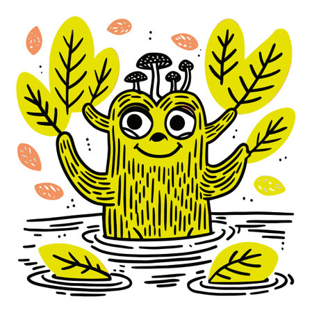 Cheerful and playful hand-drawn creature surrounded by vibrant leaves and mushrooms, showcasing modern art style. Perfect for nature-themed projects.のイラスト素材