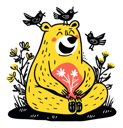 This modern hand-drawn illustration features a cheerful bear surrounded by birds and flowers, capturing a playful and joyful scene perfect for various creative uses.のイラスト素材