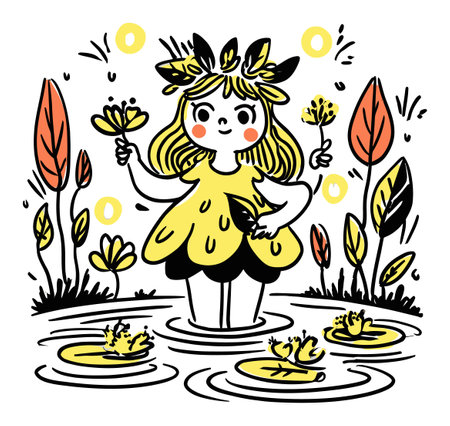 This delightful hand-drawn illustration features a cheerful girl surrounded by vibrant flowers and plants in a serene pond setting, perfect for modern art collections.のイラスト素材