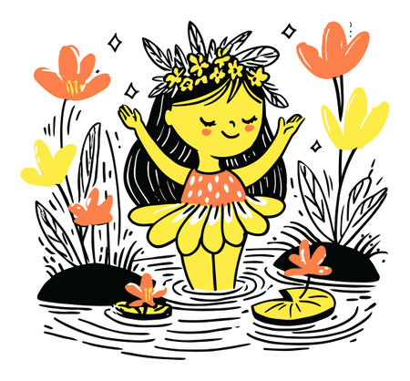 A vibrant hand-drawn illustration featuring a joyful girl surrounded by colorful flowers and lily pads, capturing the essence of nature and playful creativity.のイラスト素材