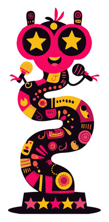 This engaging modern doodle showcases a playful cartoon character with stars, fun elements, and vibrant colors, perfect for youthful and creative projects.のイラスト素材