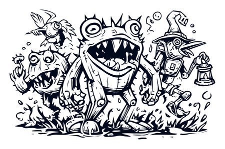 This hand-drawn illustration features whimsical creatures in a fantasy setting, showcasing playful characters and a vibrant environment perfect for storytelling.のイラスト素材