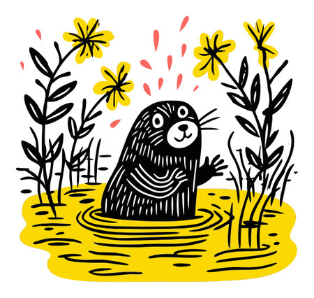 This modern hand-drawn illustration features a cute animal emerging from bright yellow water among cheerful flowers. Perfect for nature-themed projects.のイラスト素材