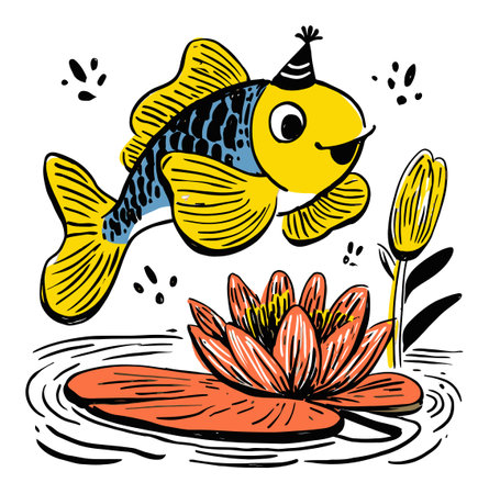 A playful hand-drawn illustration featuring a cheerful yellow fish jumping joyfully above a vibrant water lily, perfect for modern and artistic designs.のイラスト素材
