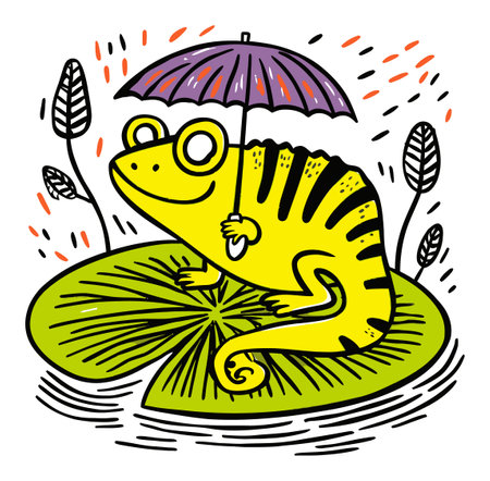 A delightful modern illustration featuring a cheerful yellow frog with a playful umbrella, perched on a lily pad. Perfect for children's decor or lighthearted art.のイラスト素材