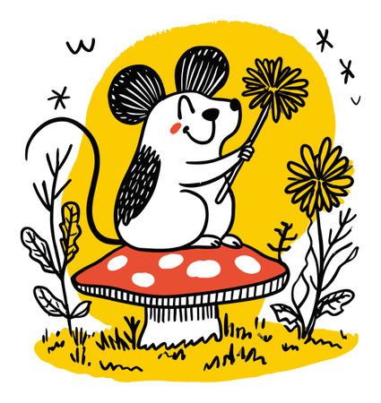 This charming illustration features a cute mouse atop a mushroom, joyfully holding a flower. The vibrant colors and playful design evoke a sense of cheer and whimsy.のイラスト素材
