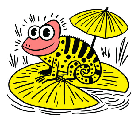This lively hand-drawn illustration features a cheerful frog sitting on a vibrant lily pad under an umbrella, perfect for modern decor or children's art.のイラスト素材