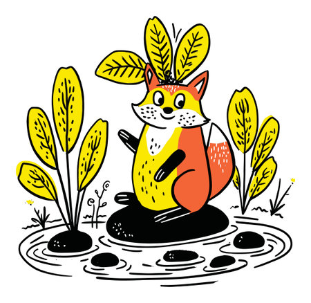 This vibrant illustration features a charming fox character playfully sitting on a stone near a pond, surrounded by colorful yellow foliage. The modern design brings a joyful touch to any setting.のイラスト素材