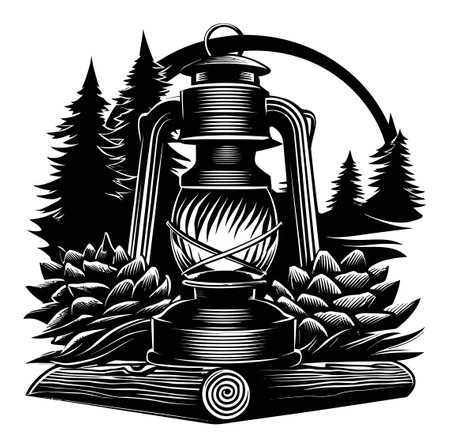 Capture the essence of nature with this vintage lantern illustration. Featuring trees and pine cones, this linocut style art piece exudes a rustic charm perfect for home decor or outdoor themes.のイラスト素材