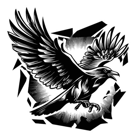 This striking linocut art features a fierce bird in flight, capturing the beauty and power of nature. Perfect for artistic and wildlife enthusiasts.のイラスト素材