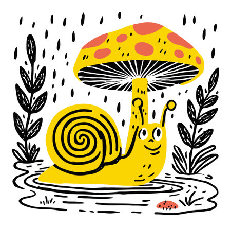 Charming hand-drawn illustration features a smiling snail under a bright mushroom. This whimsical art captures playful nature, perfect for modern decor.のイラスト素材