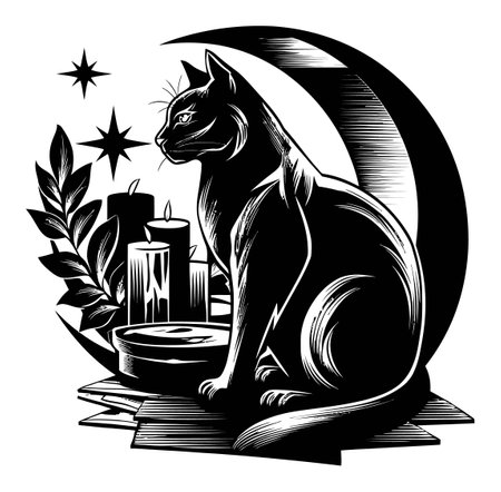 This striking black-and-white engraving features a cat in profile, surrounded by candles and a crescent moon, evoking a mystical and artistic vibe perfect for decor.のイラスト素材