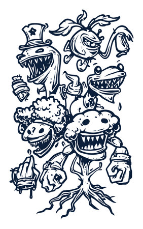 Explore a collection of vibrant hand-drawn illustrations featuring playful monsters and whimsical plants. Each character showcases unique expressions and styles, perfect for creative projects.のイラスト素材