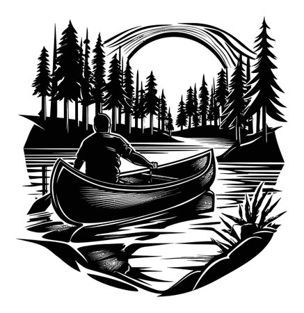 Discover a captivating engraving of a serene canoeist navigating through tall pine forests, reflecting on tranquil waters at dusk, perfect for nature lovers.のイラスト素材