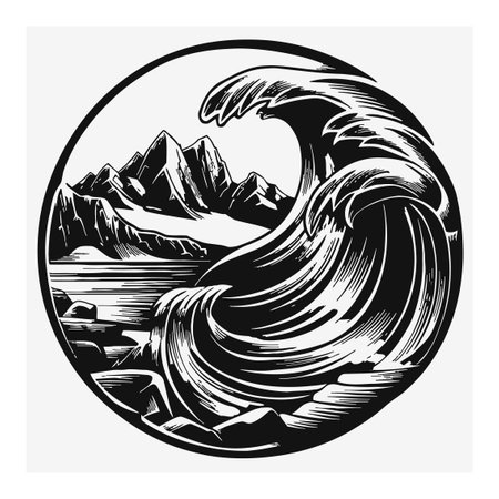 This detailed linocut art showcases a powerful wave crashing against rocks, with a mountainous backdrop. Perfect for nature enthusiasts and art lovers.のイラスト素材