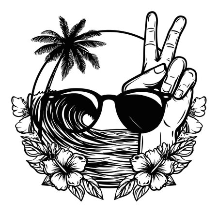 This detailed monochrome illustration features a hand making a peace sign while wearing sunglasses, surrounded by tropical elements like palm trees and hibiscus flowers, embodying tranquility and summer vibes.のイラスト素材