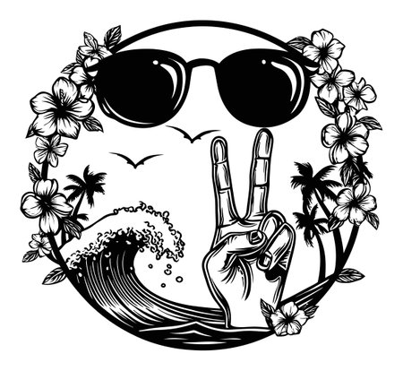 A captivating linocut artwork featuring a peace hand gesture surrounded by tropical elements like waves, flowers, and palm trees. Perfect for summer vibes!のイラスト素材