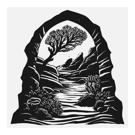 Explore a striking black and white linocut design featuring a tranquil nature scene with a tree, rocks, and plants. Ideal for art lovers and decor.のイラスト素材