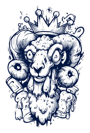 Explore this modern hand-drawn illustration featuring a quirky ram adorned with a crown, surrounded by playful objects. Perfect for creative projects!のイラスト素材