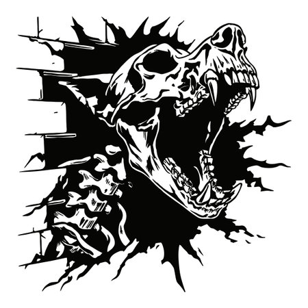 This captivating linocut engraving features a fierce dog skull breaking through a wall, showcasing bold black and white artistry that evokes a strong emotional response.のイラスト素材