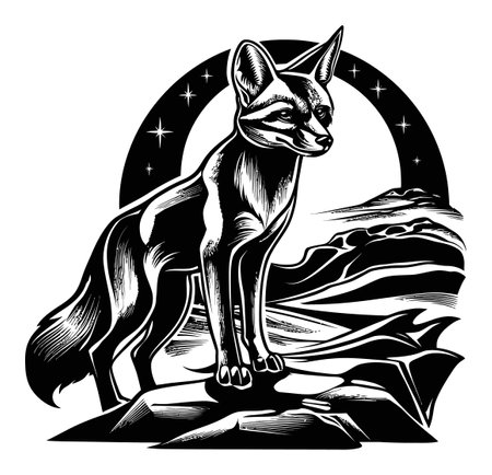 A stunning black and white engraving of a majestic fox standing on rocks, set against a starry night and moonlit landscape. Perfect for nature-themed art.のイラスト素材