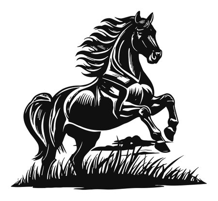 Artistic linocut illustration of a rearing black stallion in a grassy landscape, showcasing motion and power in bold silhouette style. Perfect for nature and animal lovers.のイラスト素材