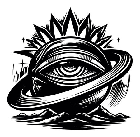 This striking linocut engraving features a mystical eye surrounded by a celestial sphere, mountains, and stars, merging nature with cosmic elements.のイラスト素材
