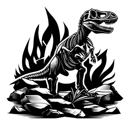 Captivating linocut style illustration featuring a dinosaur skeleton standing on rocks with dynamic flames in a striking black and white design.のイラスト素材
